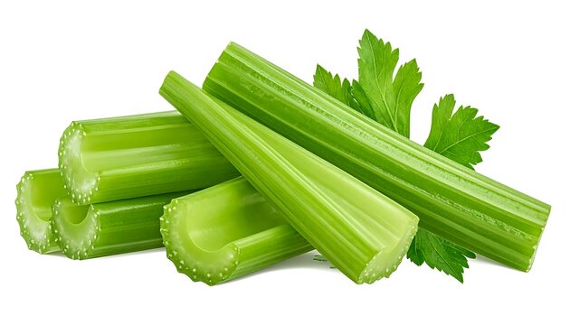 Fresh green celery stalks, cut and whole, with leafy sprigs, isolated on white background, healthy food ingredient