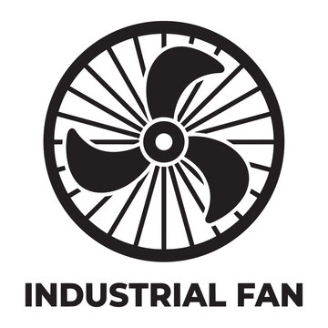 Black and white industrial fan icon with circular blades and a metal safety cage frame design