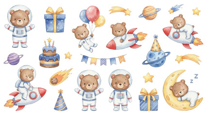 Fototapeta premium Cute watercolor teddy bear space birthday clipart with playful cosmic theme. Collection of Vector illustrations for invitation, card, poster, banner, decoration