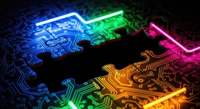 Vibrant electronic jigsaw pieces fitting together in a complex neon circuit board pattern with several empty gaps revealing dark shadows, virtual, complex, connectivity