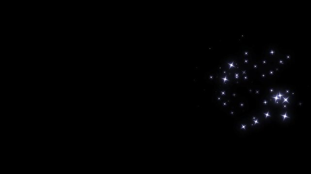 White glitter starburst animation, sparkling fairy dust trail, glowing white particle explosion overlay on, black screen background, seamless 4k motion graphics, luxury visual effects loop