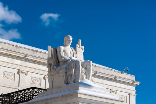 Supreme Court building of justice system. US law authority in Washington DC. USA judicial branch landmark. American constitution authority.