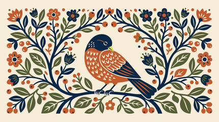 Folk art vector illustration of a songbird perched on a branch surrounded by a symmetric frame of botanical leaves, flowers, and berries in a rustic linocut block print style © GraphicGalaxy