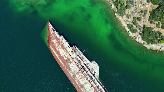 Aerial view of a rusted shipwreck resting in clear turquoise waters near a rocky coastline in Greece.