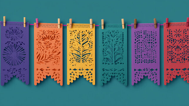 Vibrant papel picado banners and Mexican folk art decorations, festive Hispanic heritage celebration background