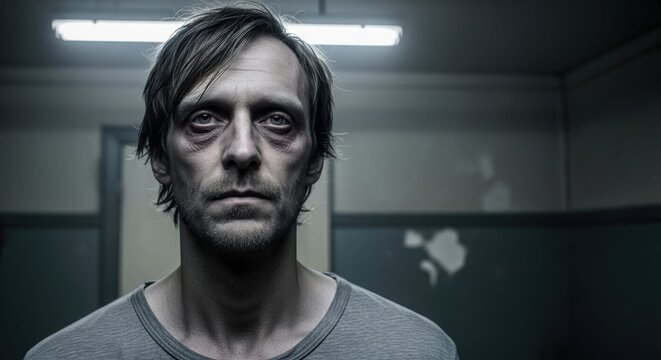 exhausted man with dark circles under eyes standing in dim room, tired and haunted expression