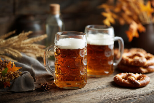Oktoberfest beer mugs and soft pretzels on a rustic wooden table, autumn festival concept, warm cozy lighting