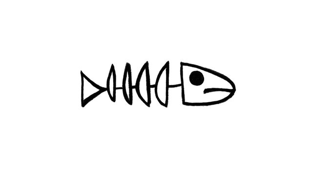 Cartoon Fish Skeleton Doodle Brush Stroke on White Background