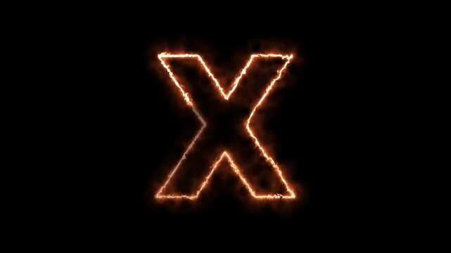 Glowing orange letter X outlined in fire and smoke against a black background alphabet flame