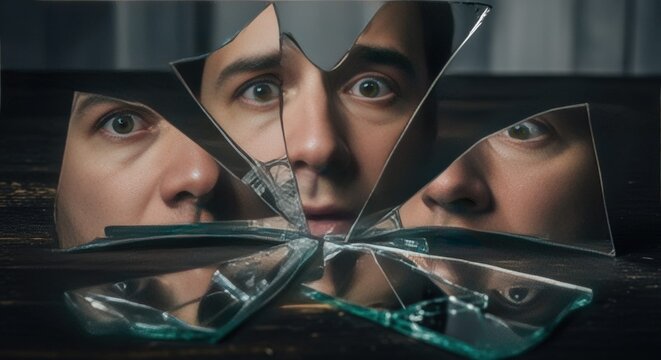 shattered mirror reflecting man's fragmented face with shocked expression, identity crisis concept