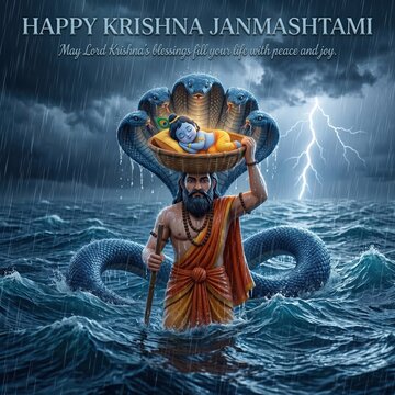 Vasudeva carrying a wicker basket with baby krishna on his head, protected by the multi-headed serpent shesha naga amidst a stormy, rain-swept sea under a lightning-filled dark sky