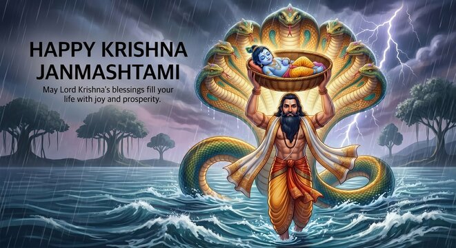 Vasudeva carrying baby krishna in a basket across the river yamuna, protected by the multi-headed serpent shesha naga under a stormy sky with lightning