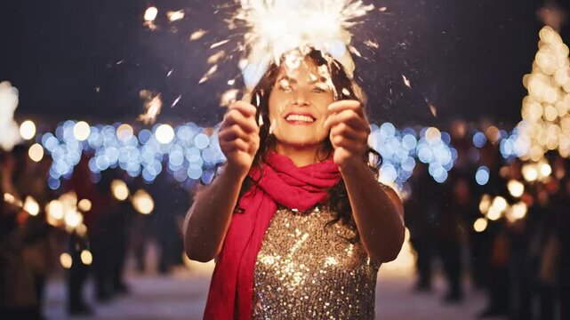 A joyful young woman experiences pure happiness while holding bright glowing sparklers during a nighttime winter holiday festival celebration in the city center surrounded by festive fairy