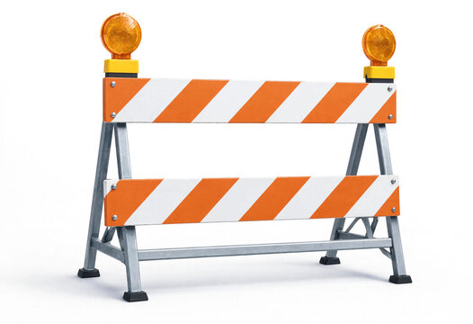 Orange and white construction barricade with warning lights isolated on white background.