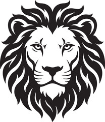 Obraz premium Black and white of a lion head, stylized portrait of a male lion with a thick mane, symmetrical of a wild cat face on a white background