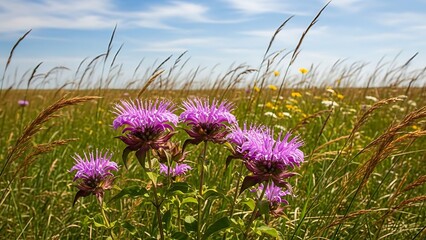 Obraz premium Purple wildflowers growing in a grassy meadow under blue sky with wildflower
