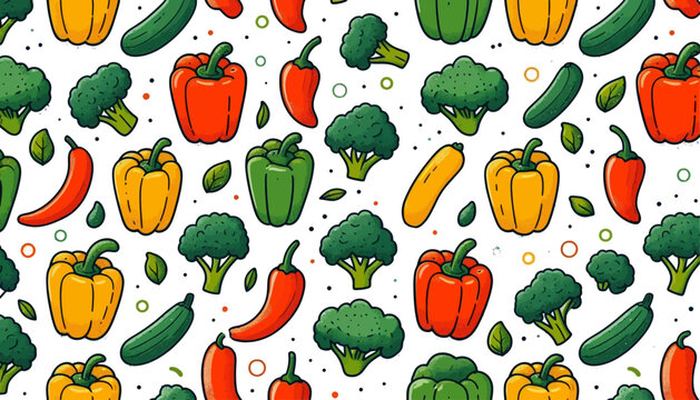 bell pepper broccoli seamless vector pattern, seamless doodle vegetables texture background