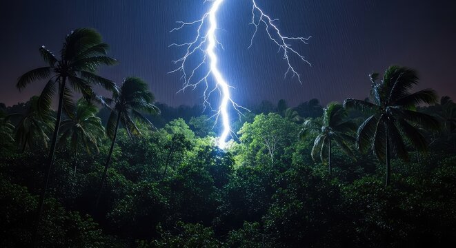 A powerful lightning bolt illuminates a dark tropical forest during a heavy midnight rainstorm with palm trees swaying in the wind, weather, wet, cyclone