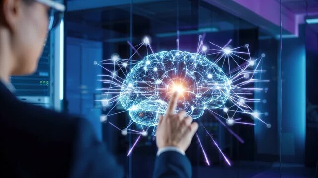 Artificial intelligence and deep learning technology visualized as a glowing neural network brain. Person interacts with the digital interface in a laboratory. Machine, data processing and innovation