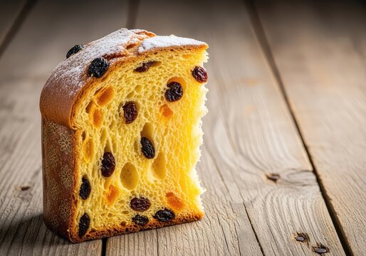 A slice of sweet panettone bread sits on a rustic wooden table, featuring dried fruit and raisins under warm, festive holiday lighting, sweet, slice, bakery