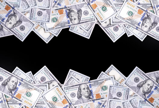 Money frame with dollars bills and copy space for text. US dollars currency banknotes. 100 USD notes forming a border for design. American dollars for copy space text. Cash and dollar bills design.