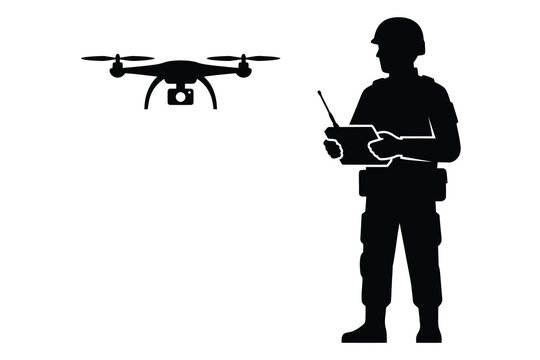 Black silhouette of a soldier in uniform operating a remote controlled surveillance drone for military reconnaissance mission purposes
