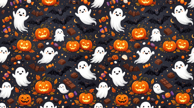 tiling seasonal background featuring flying black bats friendly white ghosts and unwrapped chocolate candies scattered among carved jack o lanterns for a spooky october aesthetic