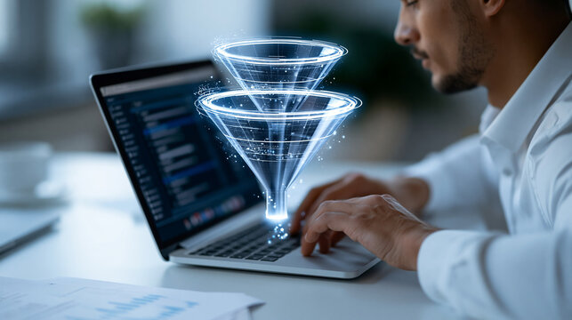 Over the shoulder view of a professional european analyst typing on a laptop with a bright glowing digital funnel hologram data processing and lead conversion optimization in