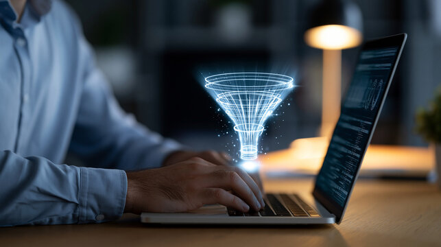 Over the shoulder view of a professional european analyst typing on a laptop with a bright glowing digital funnel hologram data processing and lead conversion optimization in