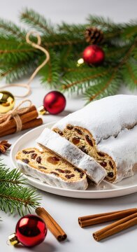 Classic Christmas stollen bread with powdered sugar on a decorated holiday table featuring pine branches, cinnamon sticks, and ornaments, spices, interior, festive