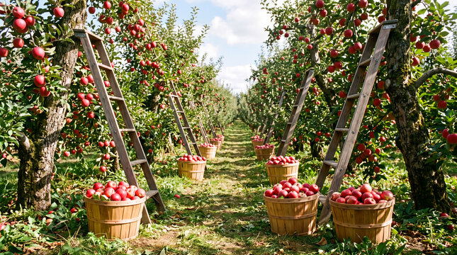 repeating motif of ripe red apples overflowing from woven bushel baskets placed alongside rows of orchard trees with wooden ladders leaning against the trunks ready for gathering