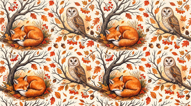 seamless seasonal print showing sleeping red foxes and wise owls perched on bare branches surrounded by falling autumn leaves and berries creating a serene forest wild atmosphere
