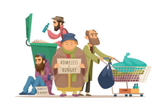 Homeless men holding cardboard signs vector illustration