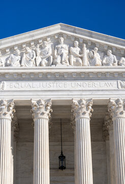 Supreme Court building of justice system. US law authority in Washington DC. USA judicial branch landmark. American constitution authority.