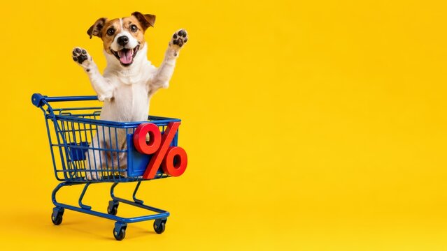 joyful Jack Russell terrier raising its paws inside a blue shopping cart with a large red percent sign on a bright yellow background with copy space
