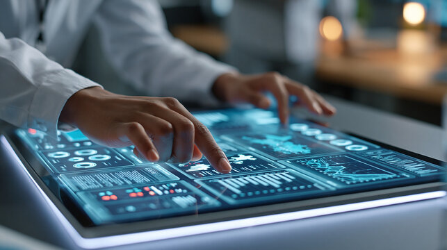 Close up of european CRM manager hands analysing customer relationship management on a bright virtual digital screen customer data charts for decision making and client