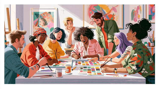 Group Of Artists Collaborating Around A Table In A Brightly Lit Studio Illustration art collaboration