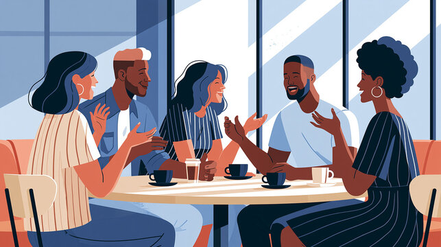 Multicultural Friends At Coffee Shop Table Flat Vector Illustration With Blue Tones friendship cafe meeting