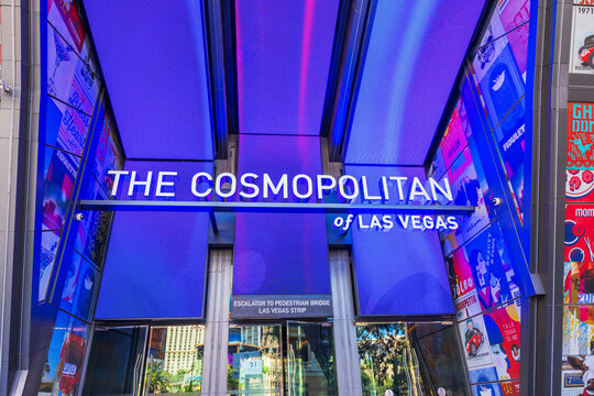 Close-up view of The Cosmopolitan of Las Vegas entrance with illuminated digital display and hotel signage. Las. Vegas. USA. 