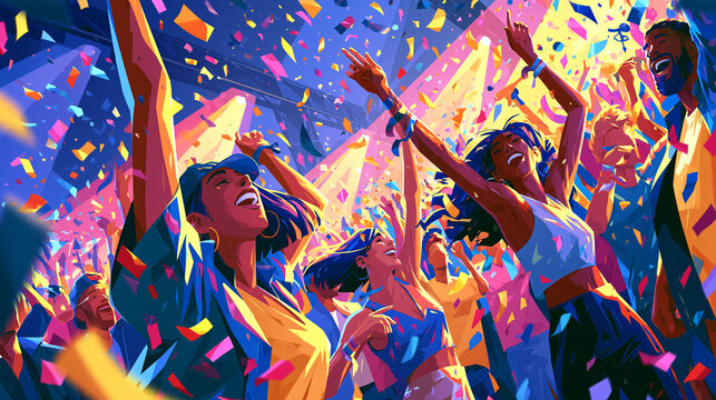 Celebrating Friends At A Festival A Colorful Vector Illustration With Confetti Falling celebration friendship party