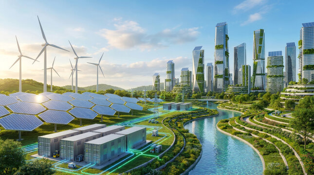 Futuristic Renewable Energy Smart Grid with Solar Panels Wind Turbines Battery Storage and Sustainable Modern City