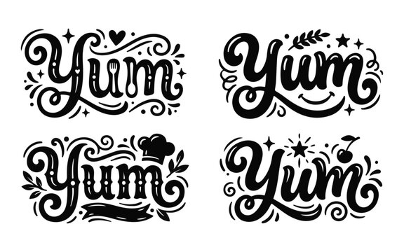 Yum hand drawn cursive lettering quote collection with kitchen utensils chef hat and decorative swirl flourishes
