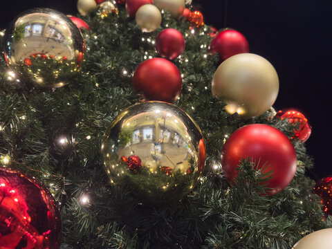 Holiday celebration, Christmas tree with bright lights, festive ornaments, December