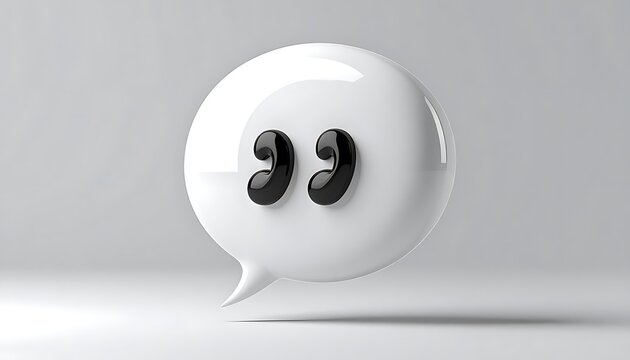 Glossy white speech bubble icon with quotation marks inside, representing communication and dialogue on a soft grey background