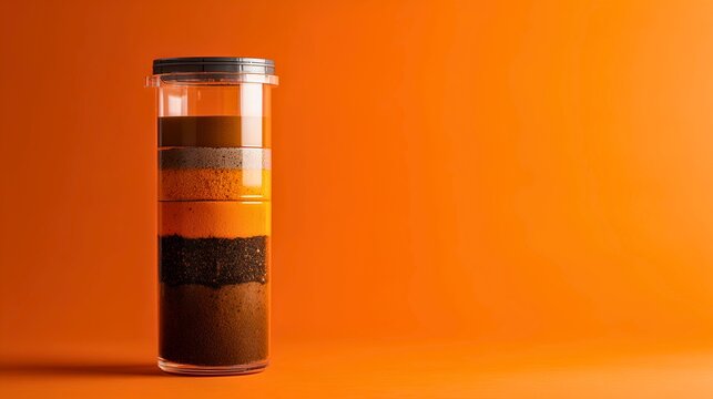Modern eco engineering soil water filter unit displayed as scientific demonstration model with layered filtration media visible, slight diagonal composition, vibrant orange studio backdrop, 
