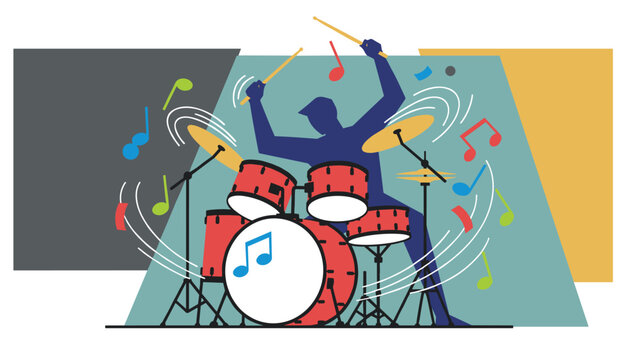 Dynamic abstract vector illustration of a stage drummer silhouette performing with a classic red drum kit.