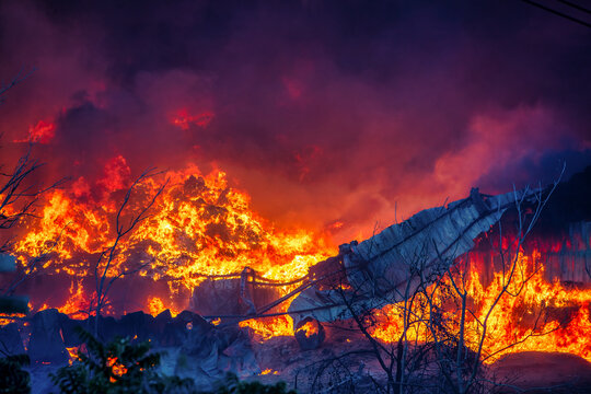 Large Industrial Structure Burning During the Oraiokastro Wildfire Crisis