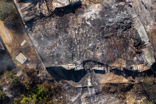 Aerial View of Destroyed Industrial Complex After the Oraiokastro Wildfire