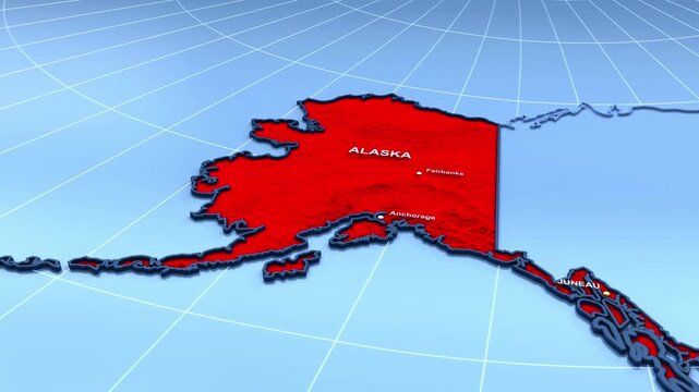 Looped 3D election map animation of the United States zooming into Alaska state, featuring red, blue, purple and green political outcome variations. 