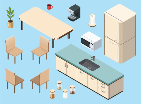 Isometric office kitchen furniture and appliances set vector illustration isolated collection